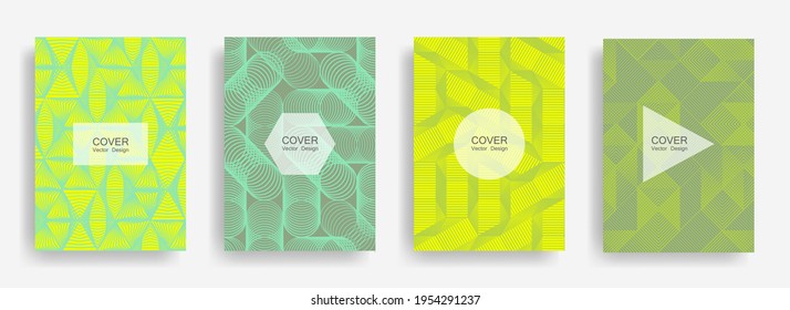 Halftone shapes business catalog covers vector design. Background patterns with halftone triangle, circle, polygon geometric shapes texture. Modern banners set. Corporate brochure covers design.