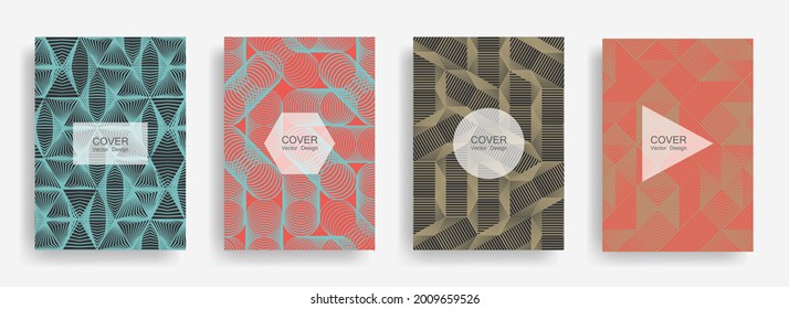 Halftone shapes business catalog covers vector design. Background patterns with halftone triangle, circle, polygon geometric shapes. Abstract banners set. Notepad covers geometric design.