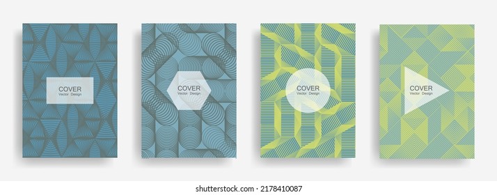 Halftone shapes business catalog covers vector design. Background patterns with halftone triangle, circle, hexagon, rhombus geometric shapes. Dynamic banners set. Folders geometric design.