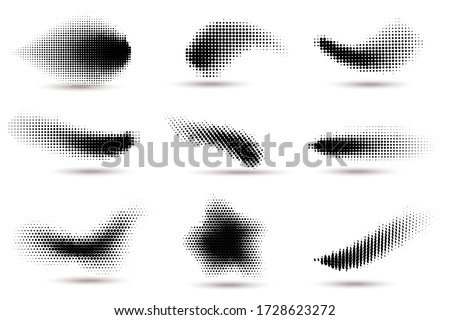 Halftone shapes. Curved dotted spots with halftone circle dot gradient texture. Fluid flex wave effect pattern, graphic swirls dots vector set