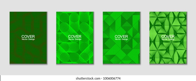 Halftone shapes minimal geometric cover templates set graphic design. Halftone lines grid vector background made of triangle, hexagon, rhombus and circle shapes. Future geometric cover backgrounds.