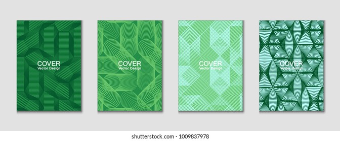 Halftone shapes minimal geometric cover templates set graphic design. Halftone lines grid vector background made of triangle, hexagon, rhombus and circle shapes. Future geometric cover backgrounds.