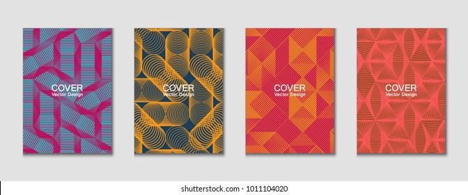 Halftone shapes minimal geometric cover templates set graphic design. Halftone lines grid vector background made of triangle, hexagon, rhombus and circle shapes. Future geometric cover backgrounds.