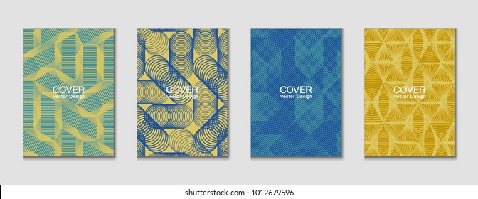 Halftone shapes minimal geometric cover templates set graphic design. Halftone lines grid vector background made of triangle, hexagon, rhombus and circle shapes. Future geometric cover backgrounds.