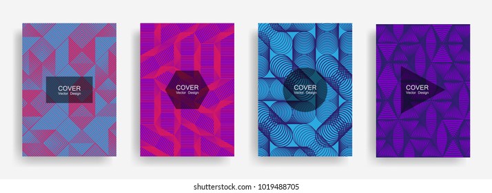 Halftone shapes minimal geometric cover templates set graphic design. Halftone lines grid vector background of triangle, hexagon, rhombus, circle shapes. Future geometric cover colorful backgrounds.