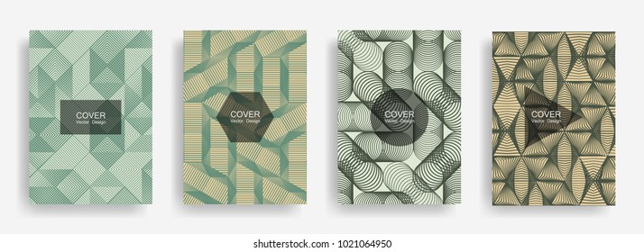 Halftone shapes minimal geometric cover templates set graphic design. Halftone lines grid vector background of triangle, hexagon, rhombus, circle shapes. Future geometric cover report backgrounds.