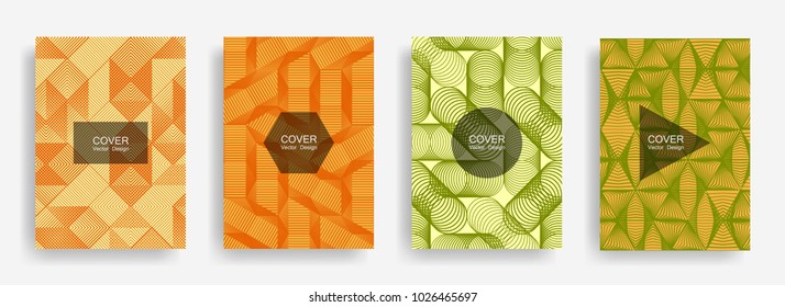 Halftone shapes minimal geometric cover templates set graphic design. Halftone lines grid vector background of triangle, hexagon, rhombus, circle shapes. Future geometric cover collection backgrounds