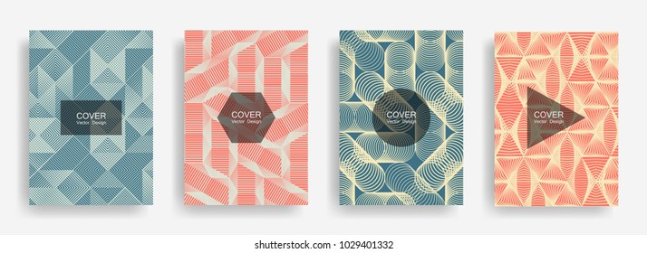 Halftone shapes minimal geometric cover templates set graphic design. Halftone lines grid vector background of triangle, hexagon, rhombus, circle shapes. Future geometric cover branding backgrounds.