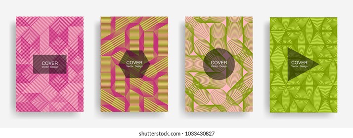 Halftone shapes minimal geometric cover templates set graphic design. Halftone lines grid vector background of triangle, hexagon, rhombus, circle shapes. Future geometric cover mix backgrounds