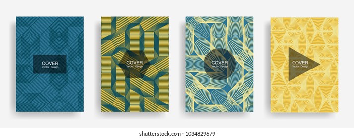 Halftone shapes minimal geometric cover templates set graphic design. Halftone lines grid vector background of triangle, hexagon, rhombus, circle shapes. Future geometric cover invitation backgrounds