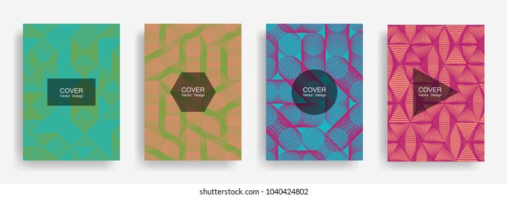 Halftone shapes minimal geometric cover templates set graphic design. Halftone lines grid vector background of triangle, hexagon, rhombus, circle shapes. Future geometric cover mix backgrounds