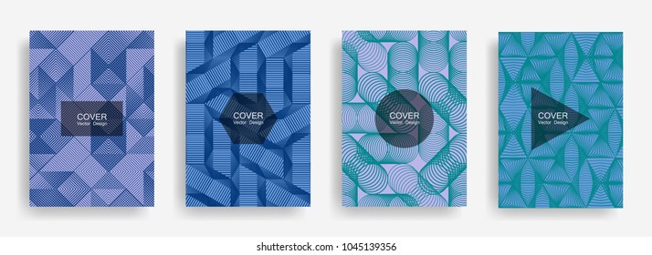 Halftone shapes minimal geometric cover templates set graphic design. Halftone lines grid vector background of triangle, hexagon, rhombus, circle shapes. Future geometric cover colorful backgrounds.