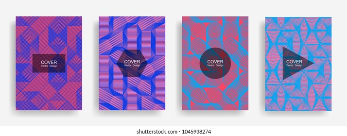 Halftone shapes minimal geometric cover templates set graphic design. Halftone lines grid vector background of triangle, hexagon, rhombus, circle shapes. Future geometric cover vivid backgrounds