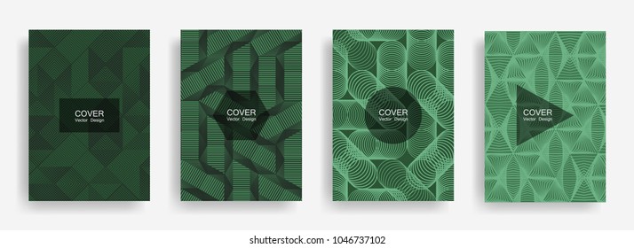 Halftone shapes minimal geometric cover templates set graphic design. Halftone lines grid vector background of triangle, hexagon, rhombus, circle shapes. Future geometric cover vivid backgrounds