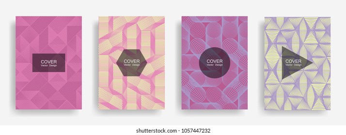 Halftone shapes minimal geometric cover templates set graphic design. Halftone lines grid vector background of triangle, hexagon, rhombus, circle shapes. Future geometric cover mix backgrounds