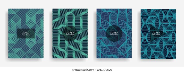 Halftone shapes minimal geometric cover templates set graphic design. Halftone lines grid vector background of triangle, hexagon, rhombus, circle shapes. Future geometric cover tech backgrounds.