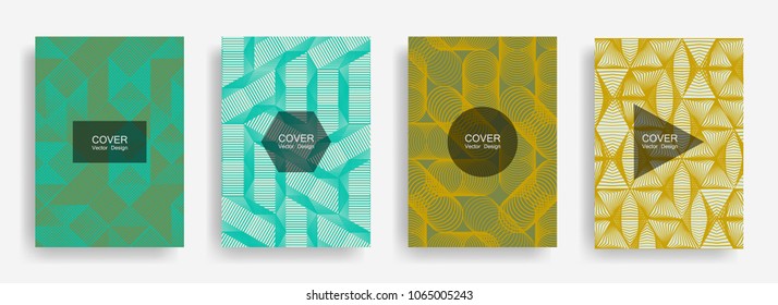 Halftone shapes minimal geometric cover templates set graphic design. Halftone lines grid vector background of triangle, hexagon, rhombus, circle shapes. Future geometric cover banner backgrounds.