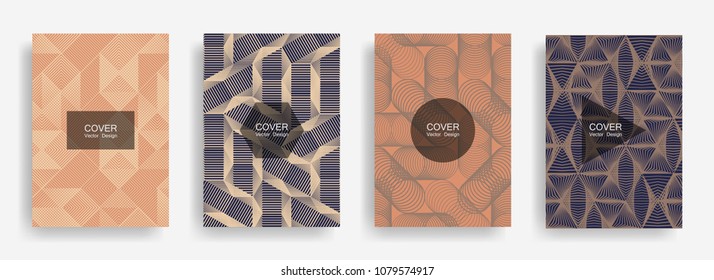 Halftone shapes minimal geometric cover templates set graphic design. Halftone lines grid vector background of triangle, hexagon, rhombus, circle shapes. Future geometric cover fashion backgrounds.