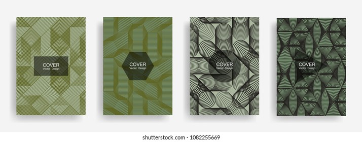 Halftone shapes minimal geometric cover templates set graphic design. Halftone lines grid vector background of triangle, hexagon, rhombus, circle shapes. Future geometric cover corporate backgrounds.