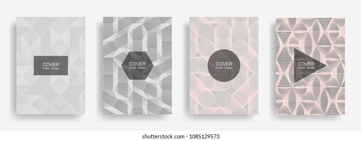 Halftone shapes minimal geometric cover templates set graphic design. Halftone lines grid vector background of triangle, hexagon, rhombus, circle shapes. Future geometric cover fashion backgrounds.