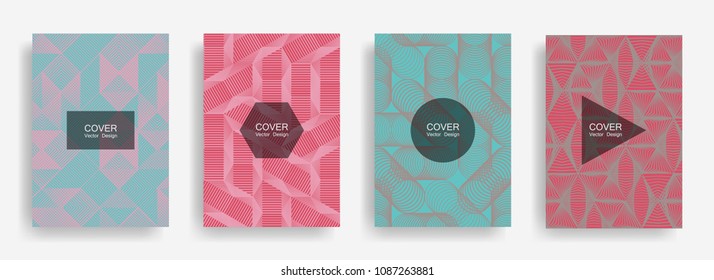 Halftone shapes minimal geometric cover templates set graphic design. Halftone lines grid vector background of triangle, hexagon, rhombus, circle shapes. Future geometric cover banner backgrounds.