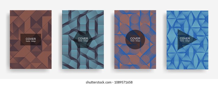 Halftone shapes minimal geometric cover templates set graphic design. Halftone lines grid vector background of triangle, hexagon, rhombus, circle shapes. Future geometric cover abstract backgrounds.