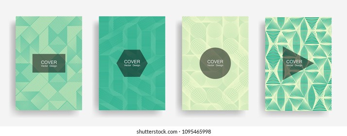 Halftone shapes minimal geometric cover templates set graphic design. Halftone lines grid vector background of triangle, hexagon, rhombus, circle shapes. Future geometric cover fashion backgrounds.