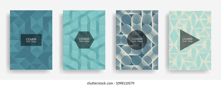 Halftone shapes minimal geometric cover templates set graphic design. Halftone lines grid vector background of triangle, hexagon, rhombus, circle shapes. Future geometric cover poster backgrounds.