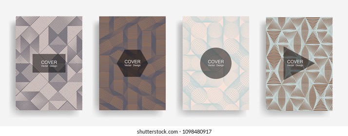 Halftone shapes minimal geometric cover templates set graphic design. Halftone lines grid vector background of triangle, hexagon, rhombus, circle shapes. Future geometric cover scientific backgrounds