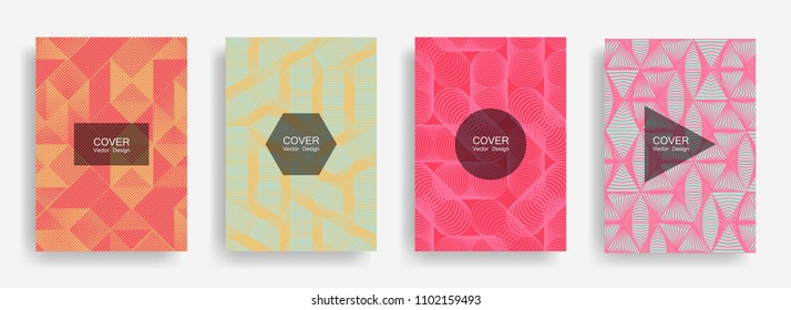 Halftone shapes minimal geometric cover templates set graphic design. Halftone lines grid vector background of triangle, hexagon, rhombus, circle shapes. Future geometric cover tech backgrounds.