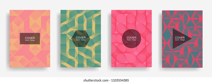 Halftone shapes minimal geometric cover templates set graphic design. Halftone lines grid vector background of triangle, hexagon, rhombus, circle shapes. Future geometric cover card backgrounds