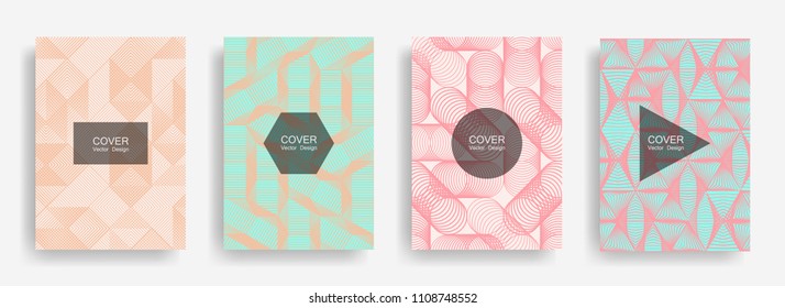 Halftone shapes minimal geometric cover templates set graphic design. Halftone lines grid vector background of triangle, hexagon, rhombus, circle shapes. Future geometric cover advertising backgrounds