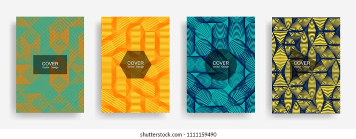 Halftone shapes minimal geometric cover templates set graphic design. Halftone lines grid vector background of triangle, hexagon, rhombus, circle shapes. Future geometric cover fashionable backgrounds