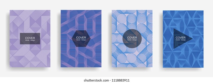 Halftone shapes minimal geometric cover templates set graphic design. Halftone lines grid vector background of triangle, hexagon, rhombus, circle shapes. Future geometric cover colored backgrounds.