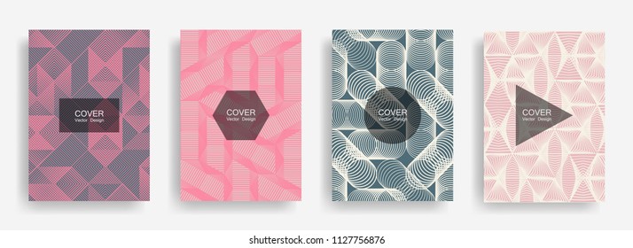 Halftone shapes minimal geometric cover templates set graphic design. Halftone lines grid vector background of triangle, hexagon, rhombus, circle shapes. Future geometric cover tech backgrounds.
