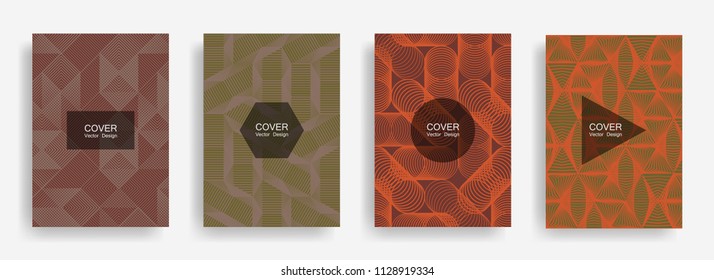 Halftone shapes minimal geometric cover templates set graphic design. Halftone lines grid vector background of triangle, hexagon, rhombus, circle shapes. Future geometric cover banner backgrounds.