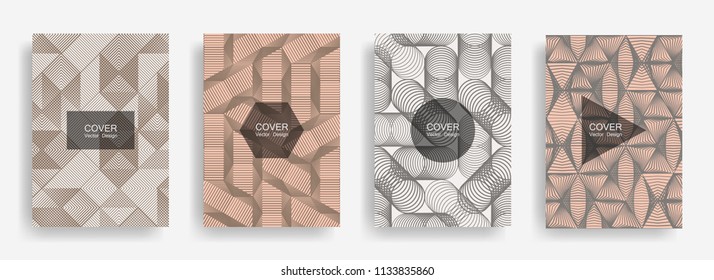 Halftone shapes minimal geometric cover templates set graphic design. Halftone lines grid vector background of triangle, hexagon, rhombus, circle shapes. Geometric cover stylish backgrounds