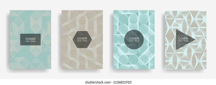 Halftone shapes minimal geometric cover templates set graphic design. Halftone lines grid vector background of triangle, hexagon, rhombus, circle shapes. Future geometric cover report backgrounds.