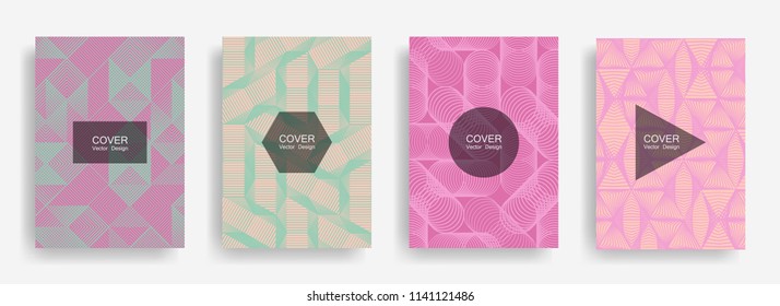 Halftone shapes minimal geometric cover templates set graphic design. Halftone lines grid vector background of triangle, hexagon, rhombus, circle shapes. Future geometric cover invitation backgrounds