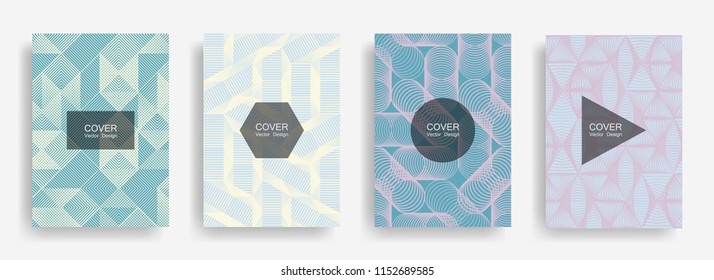 Halftone shapes minimal geometric cover templates set graphic design. Halftone lines grid vector background of triangle, hexagon, rhombus, circle shapes. Future geometric cover template backgrounds.