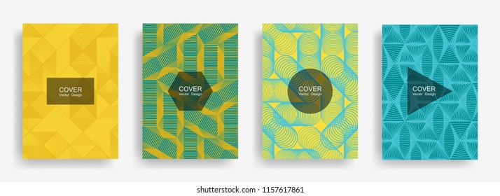 Halftone shapes minimal geometric cover templates set graphic design. Halftone lines grid vector background of triangle, hexagon, rhombus, circle shapes. Future geometric cover flat backgrounds.