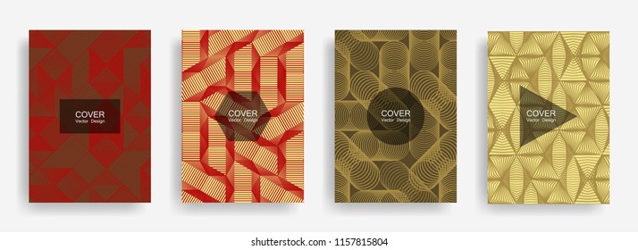 Halftone shapes minimal geometric cover templates set graphic design. Halftone lines grid vector background of triangle, hexagon, rhombus, circle shapes. Future geometric cover notebook backgrounds.
