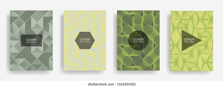 Halftone shapes minimal geometric cover templates set graphic design. Halftone lines grid vector background of triangle, hexagon, rhombus, circle shapes. Future geometric cover catalog backgrounds.