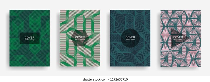Halftone shapes minimal geometric cover templates set graphic design. Halftone lines grid vector background of triangle, hexagon, rhombus, circle shapes. Future geometric cover card backgrounds
