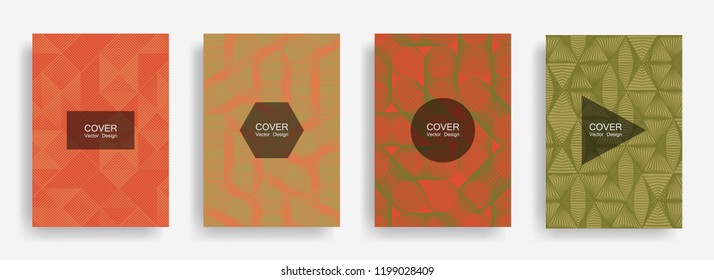 Halftone shapes minimal geometric cover templates set graphic design. Halftone lines grid vector background of triangle, hexagon, rhombus, circle shapes. Future geometric cover colored backgrounds.