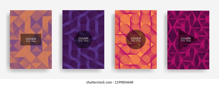 Halftone shapes minimal geometric cover templates set graphic design. Halftone lines grid vector background of triangle, hexagon, rhombus, circle shapes. Future geometric cover mix backgrounds