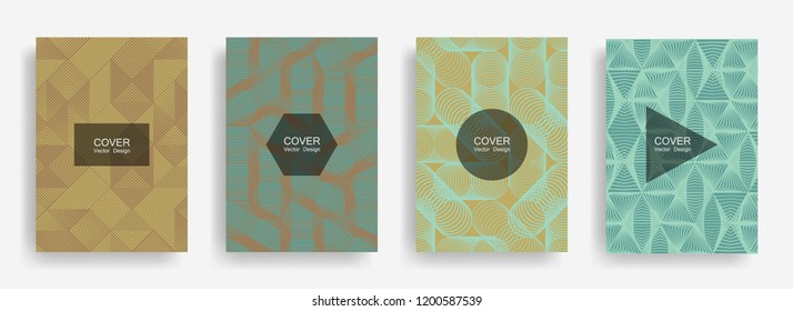 Halftone shapes minimal geometric cover templates set graphic design. Halftone lines grid vector background of triangle, hexagon, rhombus, circle shapes. Future geometric cover digital backgrounds.