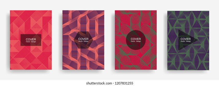 Halftone shapes minimal geometric cover templates set graphic design. Halftone lines grid vector background of triangle, hexagon, rhombus, circle shapes. Future geometric cover branding backgrounds.