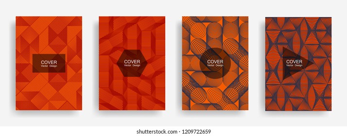 Halftone shapes minimal geometric cover templates set graphic design. Halftone lines grid vector background of triangle, hexagon, rhombus, circle shapes. Future geometric cover notebook backgrounds.