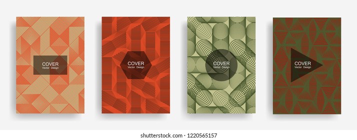 Halftone shapes minimal geometric cover templates set graphic design. Halftone lines grid vector background of triangle, hexagon, rhombus, circle shapes. Future geometric cover collection backgrounds